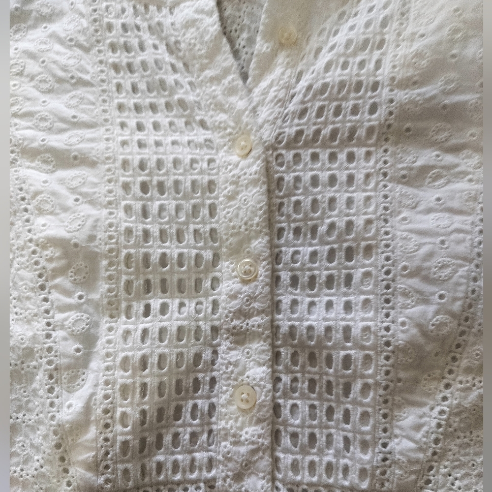 J.Crew White Eyelet Short Sleeve Blouse Size 14 Boho Cottage - Picture 2 of 7